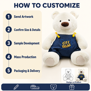 Orsacchiotto di Peluche con Salopette in Denim <span class=keywords><strong>e</strong></span> Ricamo, <span class=keywords><strong>Orsetto</strong></span> <span class=keywords><strong>Bianco</strong></span> Crema in Jeans per Regalo Personalizzato - Product Image 3