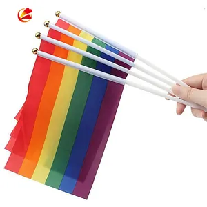 Personalizado tamanho pequeno agitador bandeira de poliéster, lgbt gay orgulho 14*21cm mão ondulação bandeiras arco-íris