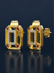 Pendientes de Plata de Ley 925 con Baño de Oro, Diseño Geométrico Rectangular, con Circonita Cúbica Roja Rubí y Circonita Cúbica Blanca, Joyería de Moda - Product Image 5