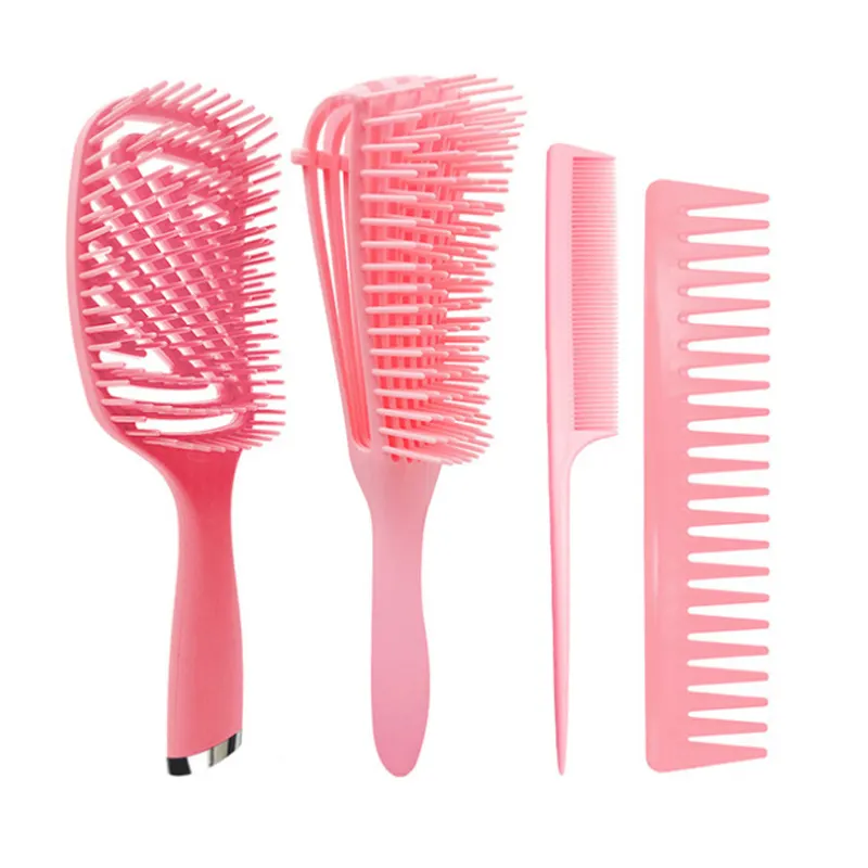 Özel Logo plastik 4 adet dolaşık açıcı saç fırçaları setleri geniş diş tarak sıçan kuyruk saç tarak seti kadınlar için