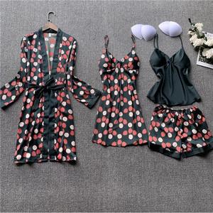 Pyjamas en soie imprimée de qualité export européenne et américaine pour femmes, printemps et automne, manches longues, soie sexy, quatre pièces - Product Image 2