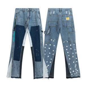 Men Dept <span class=keywords><strong>Blue</strong></span> Baggy <span class=keywords><strong>Jeans</strong></span> Streetwear Alta Qualidade Rasgado Pintado Empilhado Loose Fit Calças Calças Denim - Product Image 1