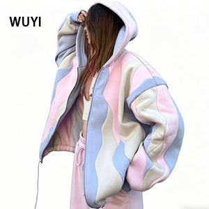 Sudadera con capucha de forro polar grueso para mujer, con logo personalizado, bloques de color, estilo oversize, con cremallera y diseño patchwork, de fabricante de ropa. - Product Image 2
