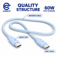 Câble de charge rapide USB C vers C en nylon tressé professionnel LUNG KAY 60W pour téléphone, tablette, ordinateur portable, fabrication OEM ODM personnalisée