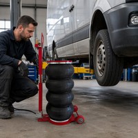 Gato neumático industrial de 6 toneladas con triple bolsa y mango plegable, extensión de 100 mm, elevación máxima de 58,3 cm para mantenimiento de camiones y autobuses en garajes