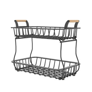 Étagère à fruits double couche BNM en fer avec poignées en bois, panier de rangement multifonctionnel pour comptoir de cuisine - Product Image 5