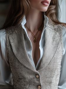 Chaleco de Mujer Tejido de Lana, Corte Entallado, Estilo Vintage |   Trajes de Oficina Ecológicos con Cuello en V y Patrón Espigado para Mujer, Temporada Primavera/Otoño - Product Image 3