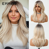 Perruque naturelle et tendance, marron, style européen/américain, volumineuse, facile à porter, avec frange en huit parties, cheveux longs bouclés