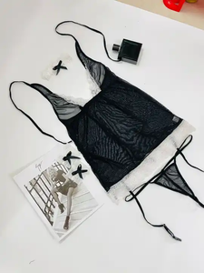 Ensemble de lingerie sexy pour femme, uniforme scolaire de jeu de rôle, en dentelle et gaze noire et blanche - Product Image 3