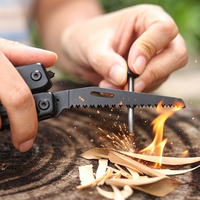 GHK28-AL Schwarzes Multitool-Rettungswerkzeug mit Sicherheitsschere, Feuerstarter, Säge, Glasbrecher, Klappmesser, Zange, EDC