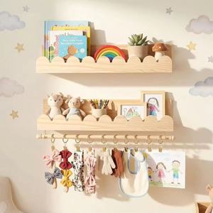 Wooden <b>Wall</b> <b>Mounted</b> Storage Rack For Kids Room With Hanging Rods And <b>Shelves</b> 3 Layers Multipurpose Organizer - Product Image 1
