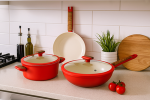 Nouvel ensemble de batterie de cuisine 3 pièces antiadhésif écologique 2026, revêtement céramique, comprenant un wok, une poêle et une marmite, avec couvercle en verre trempé, compatible gaz - Product Image 3