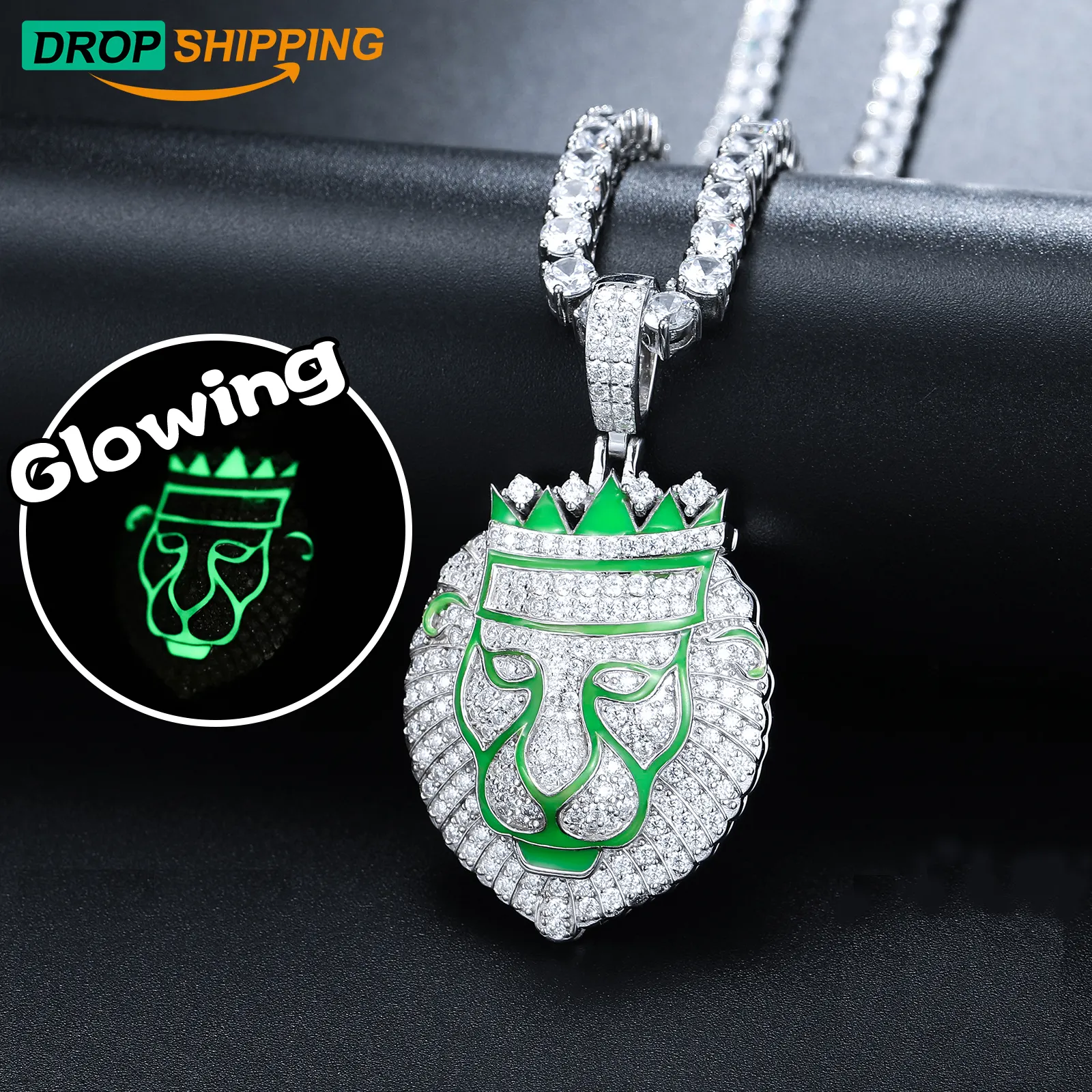 Dropshipping Liontin Bercahaya Dalam Gelap Moissanite Lion King 925 Perak Murni Mewah Bling Hadiah Perhiasan Natal