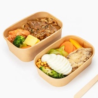 Bol alimentaire rectangulaire en papier kraft imperméable avec couvercle, personnalisable avec logo noir, jetable, 16oz 500ml 750ml, pour salades de fruits