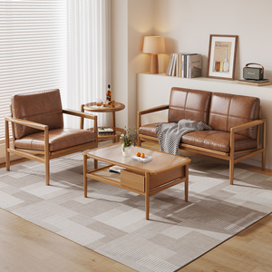 Canapé en cuir 2 places de style moderne du milieu du siècle avec cadre en bois, canapé d'appoint rétro pour salon, décoration minimaliste pour la maison - Product Image 2