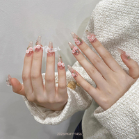 Lot de 10 faux ongles artisanaux tendance, forme cercueil moyenne, design français, avec décoration croix diamant rose, en PMMA, couvrance totale