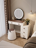 Ensemble de coiffeuse moderne Japandi crème et noyer avec miroir LED rond, bureau de maquillage à 5 tiroirs avec armoire latérale, ensemble de rangement pour chambre à coucher