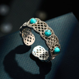 Wide Openwork Mesh Turquoise Ring Brass Alloy Retro Ethnic Style Adjustable Exquisite Jewelry - Product Image 1