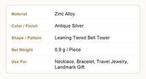 Ciondolo a forma di <span class=keywords><strong>campanile</strong></span> in lega di zinco color argento antico per creazione fai da te di collane, bracciali e accessori per gioielli da viaggio - Product Image 3