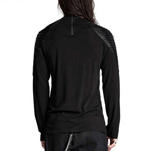 Men's <b>Gothic</b> Black Long Sleeve T-<b>Shirt</b> Slim Fit Top with Pleated Faux Leather Shoulders and Rivet Details - Product Image 2