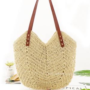 Sac de plage d'été en paille pour femme, grande capacité, sac fourre-tout en rotin tressé avec poignées en cuir, sac à bandoulière chic - Product Image 3
