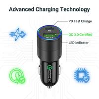 Mini chargeur de voiture double port PD20W QC18W USB-C PD USB-A QC3.0 avec anneau lumineux LED bleu, charge rapide 12V/24V, chargeur de téléphone universel pour voiture