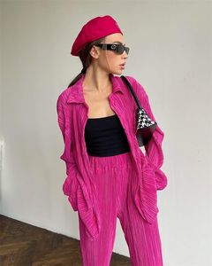 Completo Due Pezzi Autunnale da <span class=keywords><strong>Donna</strong></span> Vintage con Camicia Oversize a Maniche Lunghe e <span class=keywords><strong>Pantaloni</strong></span> a Vita Alta <span class=keywords><strong>Arancioni</strong></span> Plissettati - Product Image 2