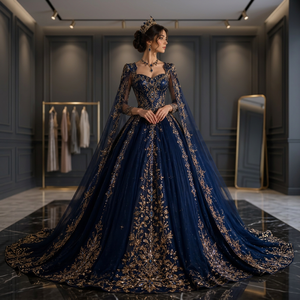 Vestido de Novia Azul Marino de Gasa con Escote Corazón, Manga Larga, Cola Catedral, Estilo Vintage, Espalda de Encaje y Pedrería, Largo hasta el Suelo - Product Image 2