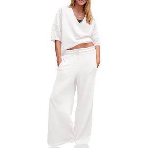 Ensemble 2 pièces pour femmes Fisoew, haut à col en V, pantalon large, ensemble décontracté pour l'entraînement, respirant, tricoté, toutes saisons - Product Image 1