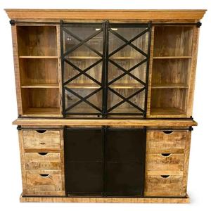Industrial Mango <b>Wood</b> Hutch Buffet Display Cabinet Sideboard With Iron Sliding Door & Drawer Wide 2 Part Black & Natural Finish - Product Image 1
