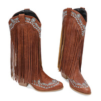 Botas Vaqueras con Flecos para Mujer, Botas Occidentales Retro con Bordado Geométrico, Punta Puntiaguda, Tacón de Bloque de 7.5 cm, Forro de Felpa, Botas para Conciertos Country
