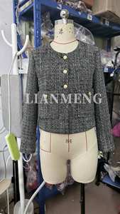 LM W13 Elegant Collarless Design Gold Buttons Short Length Woven Fabric Women's Black and <strong>White</strong> Tweed <strong>Jacket</strong> - Product Image 2