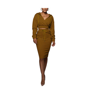 Juven, gran oferta, conjuntos de falda de dos piezas, Top corto de manga larga para mujer, Sudadera con capucha y faldas hasta la rodilla para mujer, conjuntos de 2 piezas de trabajo - Product Image 5