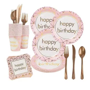 Happy Birthday Party Plate Wedding Decorations Set Pink Green Disposable Tableware Paper Cup Home Party Supplies For Kids Party