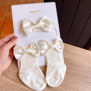 Moda çocuk çocuk pamuk kablo örgü çorap kız bebek dikey çizgili dantel yay çorap ve saç bandı seti - Product Image 5