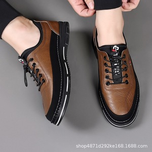 Chaussures bateau décontractées en cuir pour hommes, bout rond, à lacets, semelle en caoutchouc amortie, toutes saisons, couleur unie, logo embossé - Product Image 4