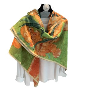 Large <b>Silk</b> Scarf Custom Logo Oil Painting Art Printed Yellow <b>Green</b> Square Shawl Wrap Headscarf Factory Direct Wholesale - Product Image 1