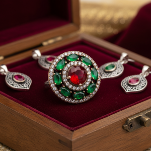 Ottoman Design Round Shape Design <b>Emerald</b> with Ruby Stone Authentic <b>Rings</b> 925 Sterling <b>Silver</b> Jewelry <b>Ring</b> - Product Image 3