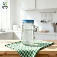 Pot Mason en verre à col fileté avec poignée, 480 ml, en verre transparent robuste, pour le stockage en garde-manger, les boissons froides et les fêtes
