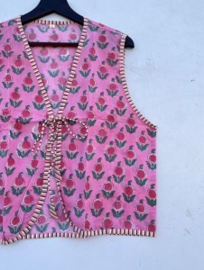 100% Cotton Dori <b>Vest</b> for <b>Women</b> Comfortable V-Neck Floral Printed Front Open Waistcoat - Product Image 2