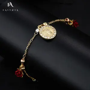 FB0072 Add Charm Rose 18k Gold Plated Religious Virgin Mary Bracelet Tricolor Rosary Embellishment Bracelet For Women