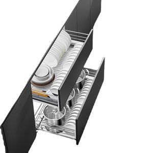 ตะกร้าใส่จานสแตนเลสแบบดึงออกได้ ชั้นวางของสองชั้น สำหรับจัดระเบียบตู้ครัว - Product Image 4