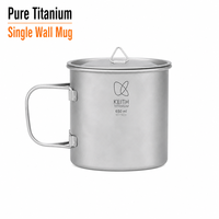 Mug en titane pur KEITH Ti3204 à paroi simple, 450 ml, avec poignée pliable, tasse à café avec couvercle, mug à eau en titane portable pour le camping en plein air