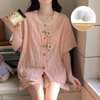 Piyama Musim Panas Wanita Mewah Korea, Motif Beruang Kecil Lucu, Lengan Pendek, Celana Pendek, Gaya Putri dengan Renda, Setelan Baju Rumah dengan Bantalan Dada