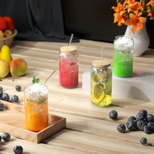 Vasos de Cerveza Transparentes de 16oz y 18oz, Frascos de Vidrio para Beber, Botellas con Forma de Lata, Vasos de Vidrio con Tapa de Bambú y Pajita - Product Image 2