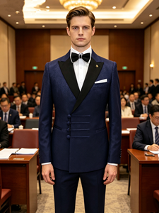 Giacca da <span class=keywords><strong>smoking</strong></span> da uomo blu navy lucida di lusso, con revers a punta neri, spilla a stella e dettaglio a pieghe in vita, ideale per matrimoni e spettacoli - Product Image 1