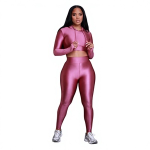 <b>Women</b> Pink Hooded Long Sleeve Crop Top High Waist Leggings <b>Set</b> Solid Color Spandex Polyester Gym Wear Full Length Trendy - Product Image 1