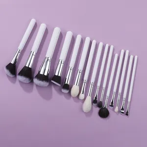 Private Label 15pcs White Silver Powder Foundation Eye Shadow Brushes Set Natural Hair Good Price Wholesale Low MOQ