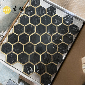 Goodluck Đá Chất Lượng Cao Vinh Quang Màu Đen Mix Vàng Brass Viền Đá Cẩm Thạch Hình Lục Giác Khảm Gạch Tường Sàn Backsplash Phòng Trang Trí Nội Thất - Product Image 3