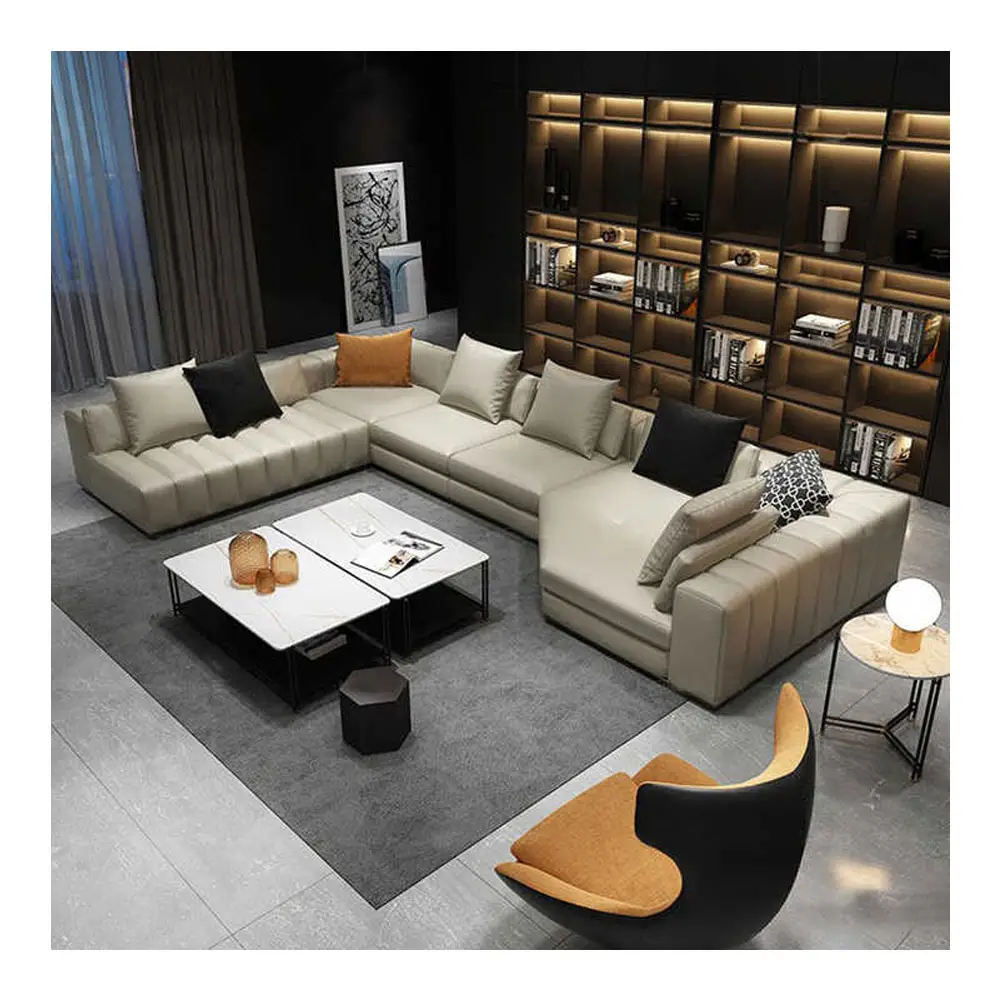 Italian Leather Light Luxury Modern Living Room Large Apartment Villa Piano Keys Corner Sofa